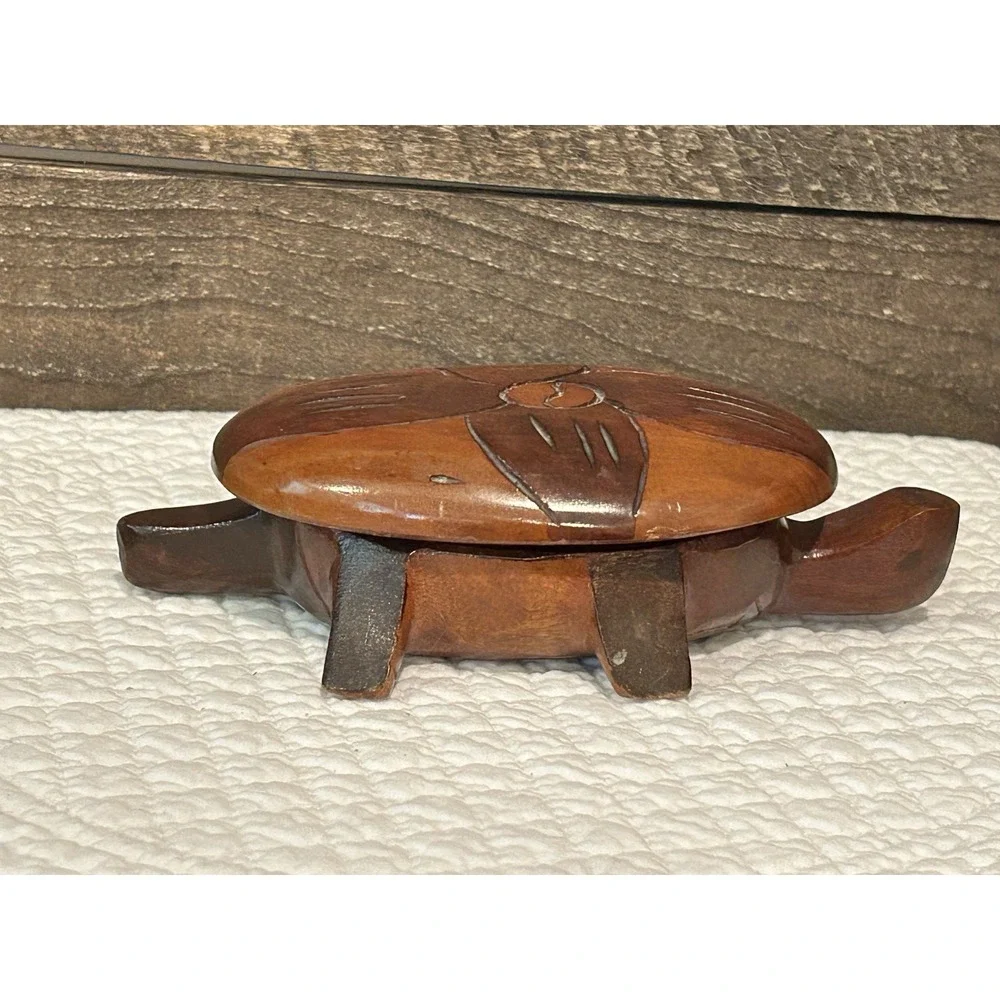 Vintage Carved‎ Wood Turtle Trinket Box Wood Turtle Holder with Removable Lid